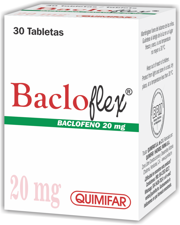 Bacloflex 20mg frasco x 30 tabletas - analgesicos - L.67.00 - Quimifar Honduras - Farmacia en línea con envío gratis