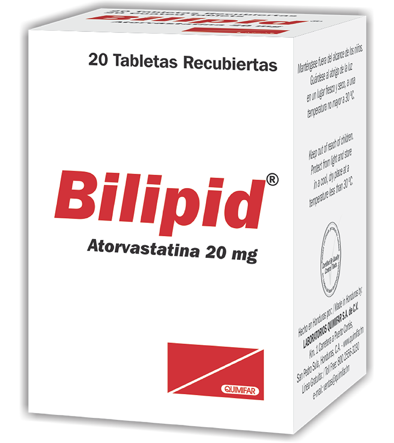 Bilipid 20 mg frasco x 20 tabletas recubiertas - cardiovascular - L.67.00 - Quimifar Honduras - Farmacia en línea con envío gratis