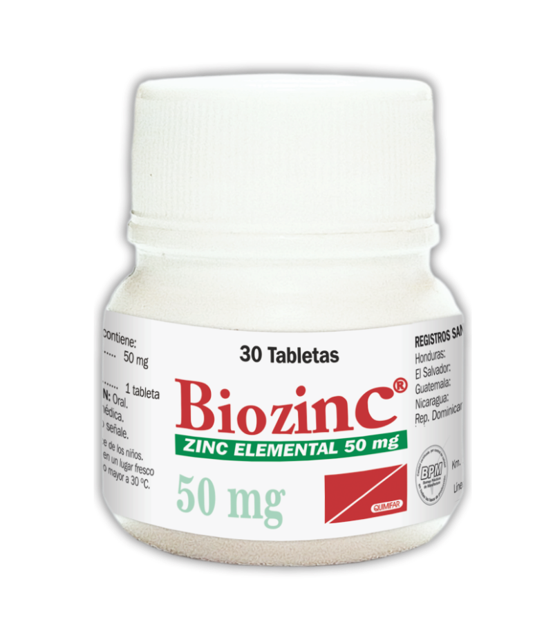 Biozinc 50 mg frasco x 30 tabletas - vitaminas - L.744.00 - Quimifar Honduras - Farmacia en línea con envío gratis