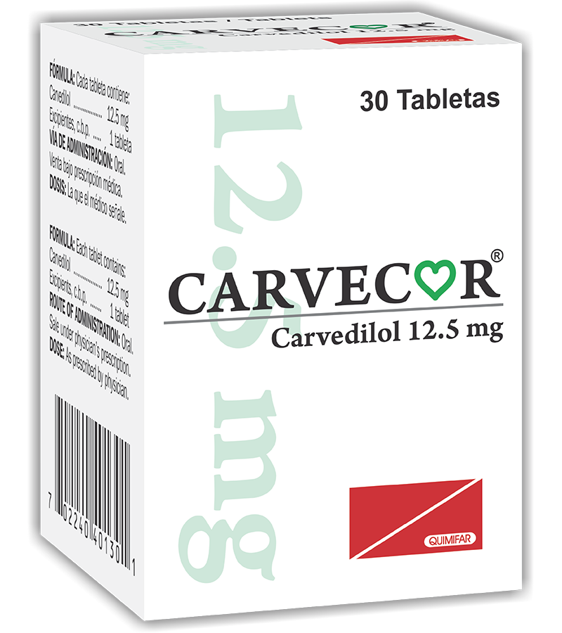 Carvecor 12.5 mg frasco x 30 tabletas - cardiovascular - L.280.00 - Quimifar Honduras - Farmacia en línea con envío gratis