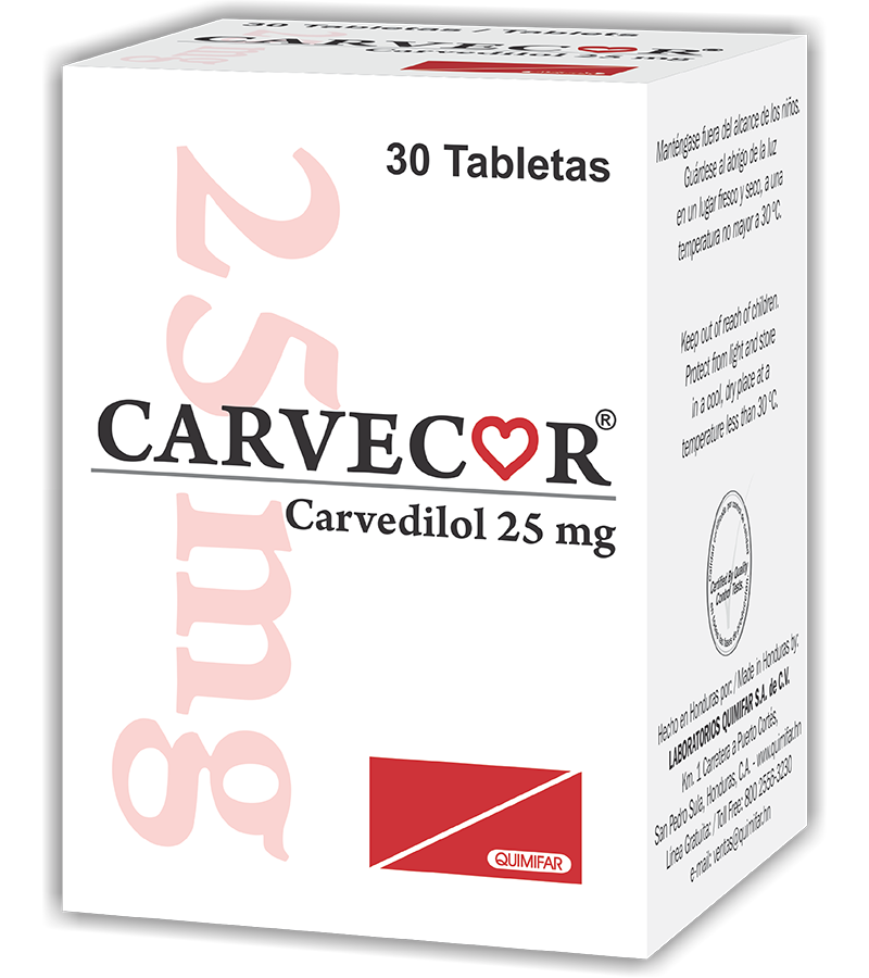 Carvecor 25 mg frasco x 30 Tabletas - cardiovascular - L.280.00 - Quimifar Honduras - Farmacia en línea con envío gratis