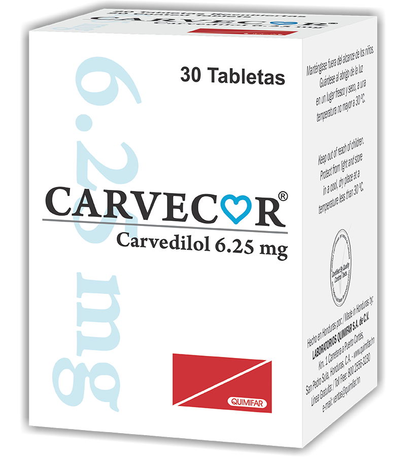 Carvecor 6.25 mg frasco x 30 tabletas - cardiovascular - L.280.00 - Quimifar Honduras - Farmacia en línea con envío gratis
