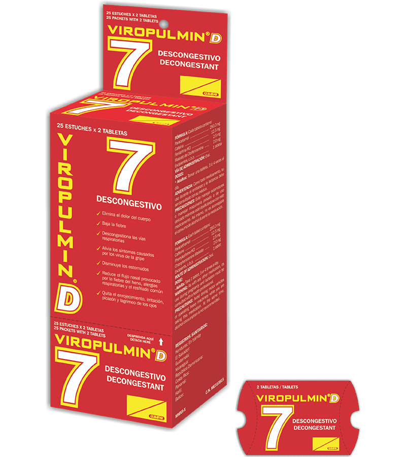 Viropulmin D caja x 50 tabletas (25 estuches x2 tabs c/u) - antigripales - L.72.00 - Quimifar Honduras - Farmacia en línea con envío gratis
